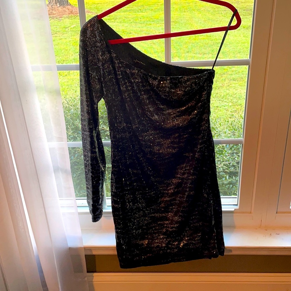 Janet Paris One sleeve sequin dress black SZ-M